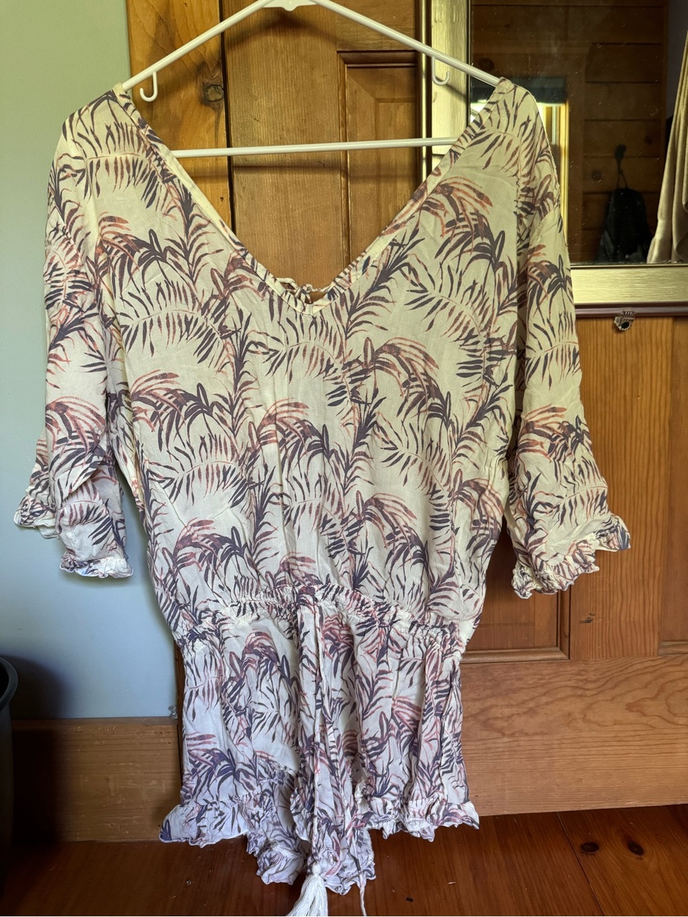 Tiare Hawaii Cream Romper with Mauve and Dusty Purple Palm Print